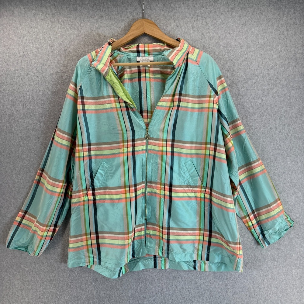 St. John Sport By Marie Gray Hooded Jacket Large Pockets LS Blue Plaid Preppy